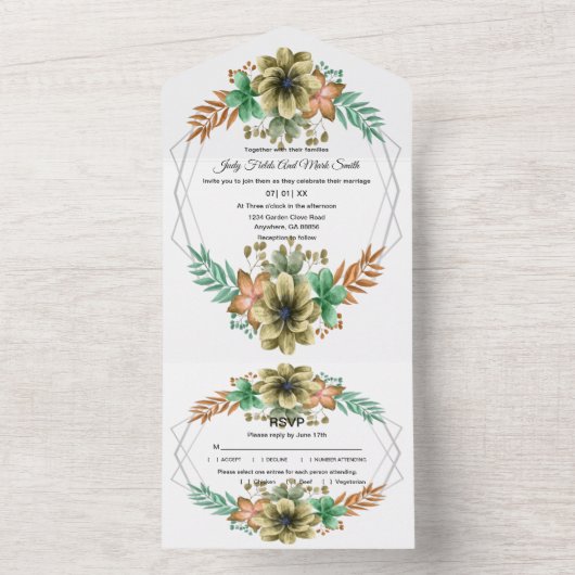 黄色とオレンジ色の水色のフローラ結婚の オールインワン招待状 (内側)