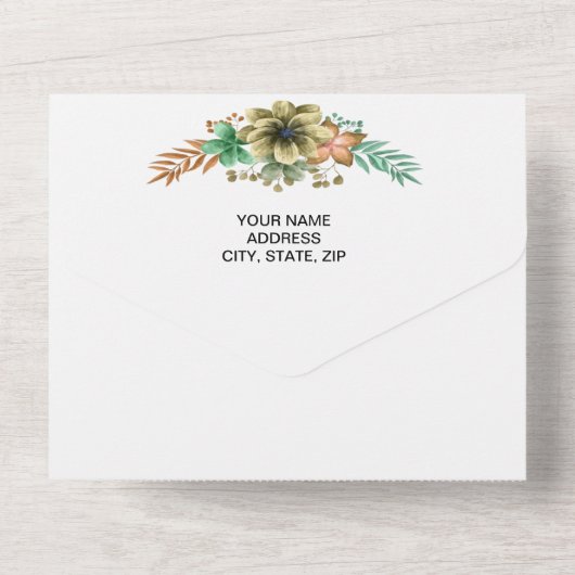 黄色とオレンジ色の水色のフローラ結婚の オールインワン招待状 (裏面)