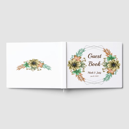 黄色とオレンジ色の水色のフローラ結婚の ゲストブック (全面)