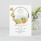 黄色とオレンジ色の花の緑のリース結婚ズ 招待状 (スタンド正面)