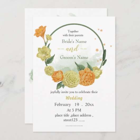 黄色とオレンジ色の花の緑のリース結婚ズ 招待状 (正面/裏面)