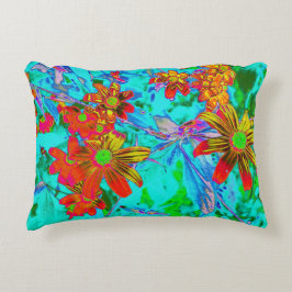 黄色とオレンジ色の花を持つアクアトロピカル アクセントクッション