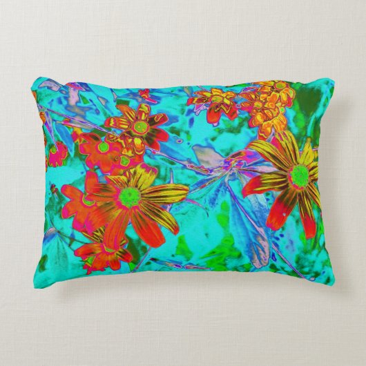 黄色とオレンジ色の花を持つアクアトロピカル アクセントクッション (正面)