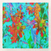 黄色とオレンジ色の花を持つアクアトロピカル ガラスコースター (正面)