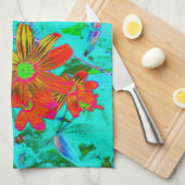 黄色とオレンジ色の花を持つアクアトロピカル キッチンタオル (四つ折り)