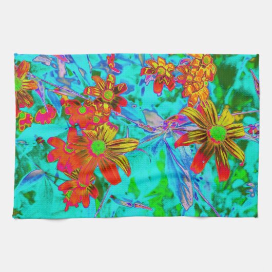 黄色とオレンジ色の花を持つアクアトロピカル キッチンタオル (横)
