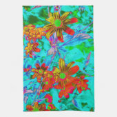 黄色とオレンジ色の花を持つアクアトロピカル キッチンタオル (縦)