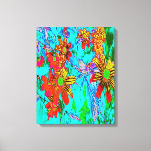 黄色とオレンジ色の花を持つアクアトロピカル キャンバスプリント (正面)