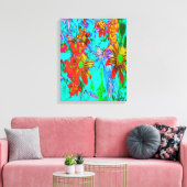 黄色とオレンジ色の花を持つアクアトロピカル キャンバスプリント (インサイチュ (リビング))