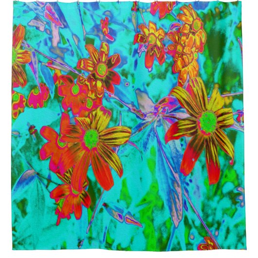 黄色とオレンジ色の花を持つアクアトロピカル シャワーカーテン (正面)