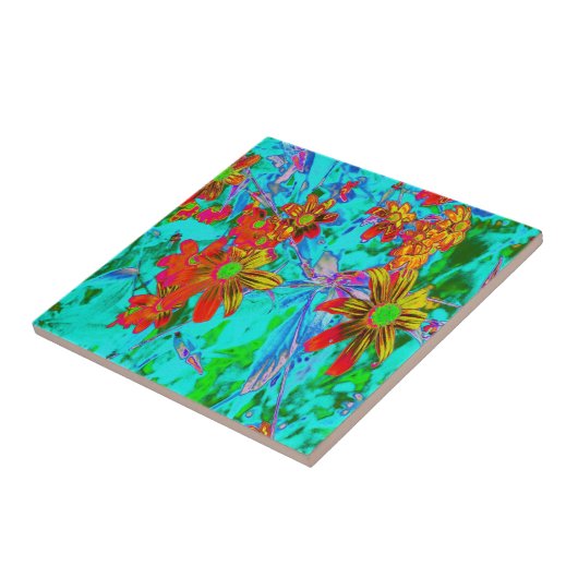 黄色とオレンジ色の花を持つアクアトロピカル タイル (側面)