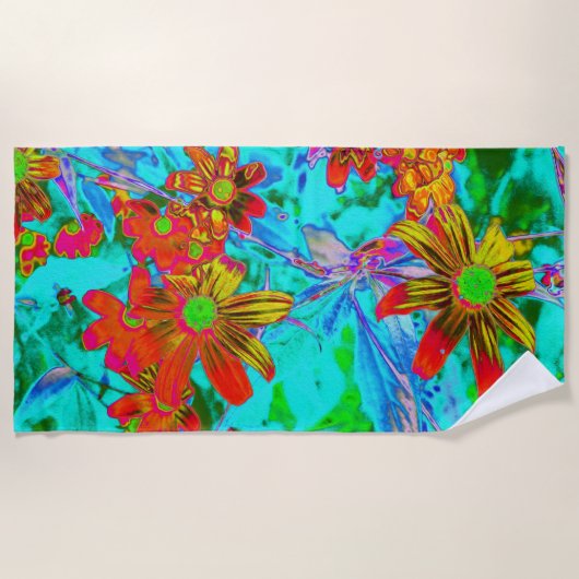 黄色とオレンジ色の花を持つアクアトロピカル ビーチタオル (正面)