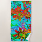 黄色とオレンジ色の花を持つアクアトロピカル ビーチタオル (正面)