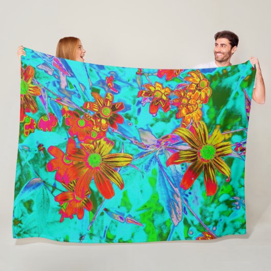 黄色とオレンジ色の花を持つアクアトロピカル フリースブランケット (インサイチュ)