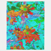 黄色とオレンジ色の花を持つアクアトロピカル フリースブランケット (正面)