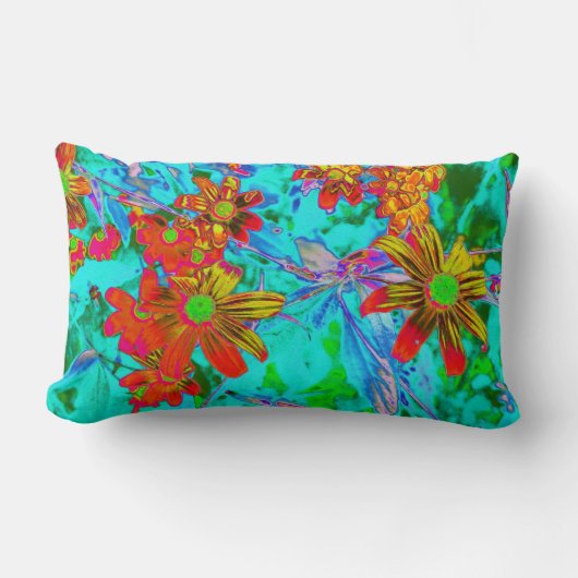 黄色とオレンジ色の花を持つアクアトロピカル ランバークッション (正面)