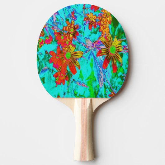 黄色とオレンジ色の花を持つアクアトロピカル 卓球ラケット (正面)