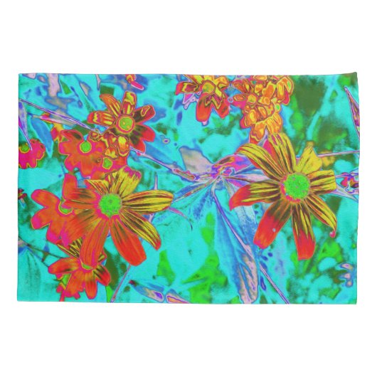 黄色とオレンジ色の花を持つアクアトロピカル 枕カバー (裏面)