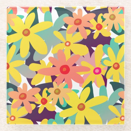 黄色とオレンジ色の花 ガラスコースター (正面)