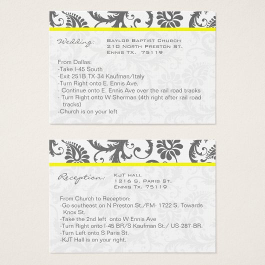黄色とグレーのダマスクの結婚式の情報カード (正面&裏面)