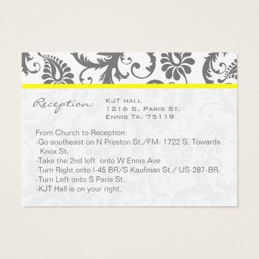 黄色とグレーのダマスクの結婚式の情報カード (裏面)