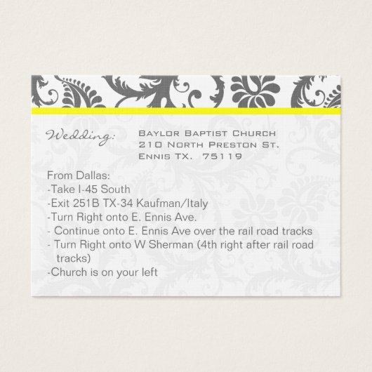 黄色とグレーのダマスクの結婚式の情報カード (正面)