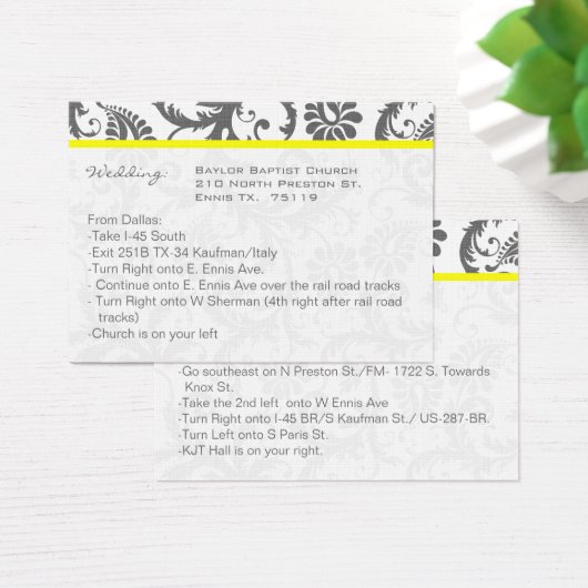 黄色とグレーのダマスクの結婚式の情報カード (デスク)