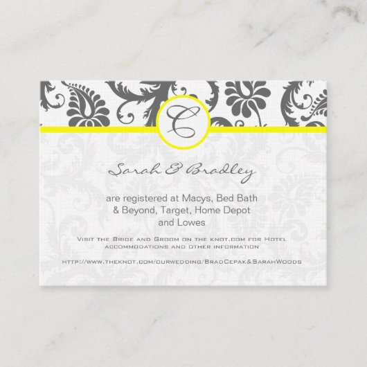 黄色とグレーのダマスクの結婚式の情報カード エンクロージャーカード (正面)