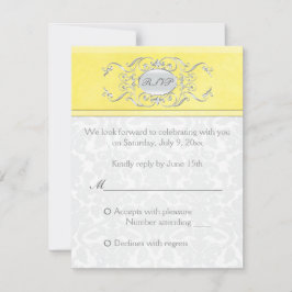 黄色とグレーのダマスク返信カード 出欠カード