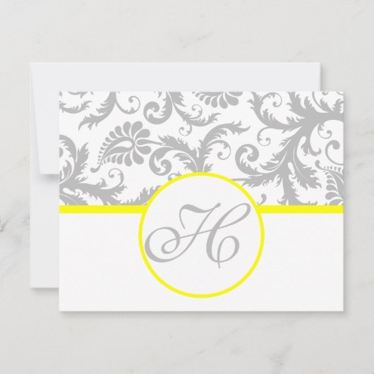 黄色とグレーのダマスクRSVP挿入 出欠カード (正面)