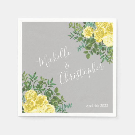黄色とグレーのヴィンテージエレガントフローラ結婚 スタンダードカクテルナプキン (正面)