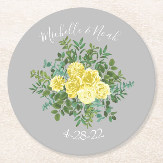黄色とグレーのヴィンテージエレガントフローラ結婚 ラウンドペーパーコースター (正面)