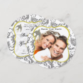 黄色とグレーのヴィンテージ鳥ダマスク 招待状 (正面/裏面)