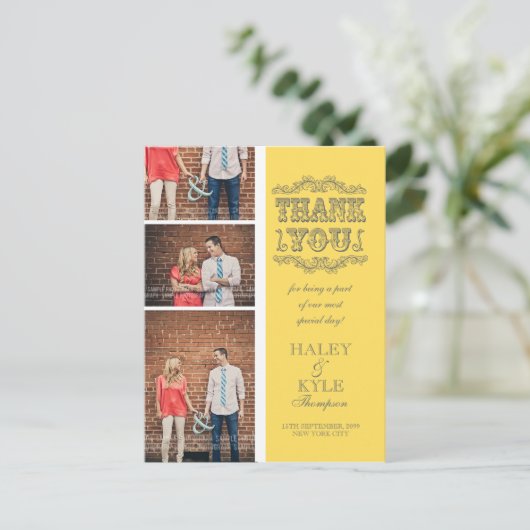 黄色とグレーの写真結婚の感謝のポストカード ポストカード (スタンド正面)