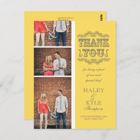 黄色とグレーの写真結婚の感謝のポストカード ポストカード (正面/裏面)