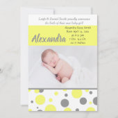 黄色とグレーの水玉模様 |フォト誕生 案内状 (正面)