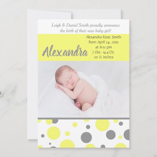 黄色とグレーの水玉模様 |フォト誕生 案内状 (正面)