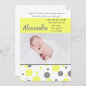 黄色とグレーの水玉模様 |フォト誕生 案内状 (正面/裏面)