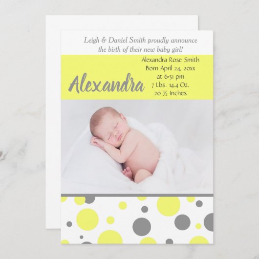 黄色とグレーの水玉模様 |フォト誕生 案内状 (正面/裏面)