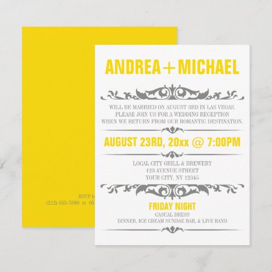 黄色とグレーの結婚式の招待状（披露宴のみ） 招待状 (正面/裏面)