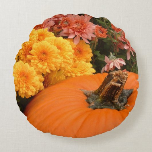 黄色とサンゴのミームを持つカボチャ ラウンドクッション (正面)