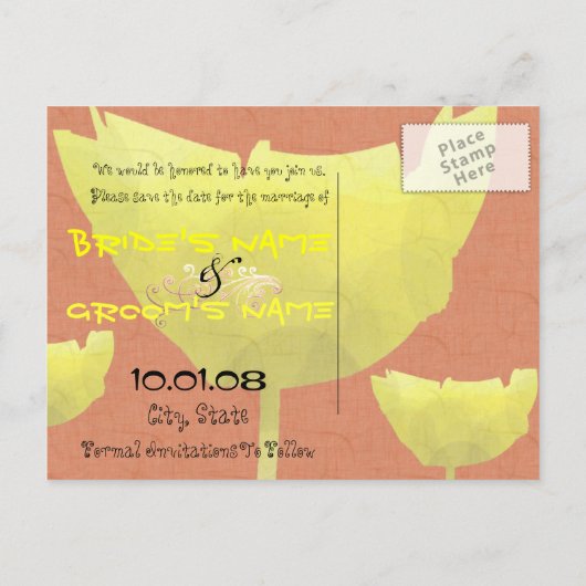 黄色とサンゴの日付ポピーを保存 案内ポストカード (裏面)