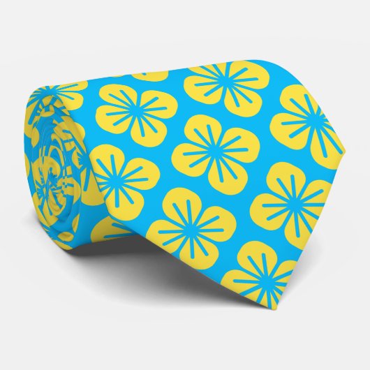 黄色とターコイズの花柄 ネクタイ (ロール)