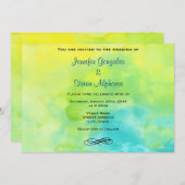 黄色とターコイズブルーウォーター結婚の色 招待状 (正面/裏面)