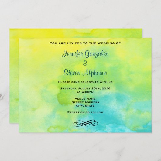 黄色とターコイズブルーウォーター結婚の色 招待状 (正面/裏面)