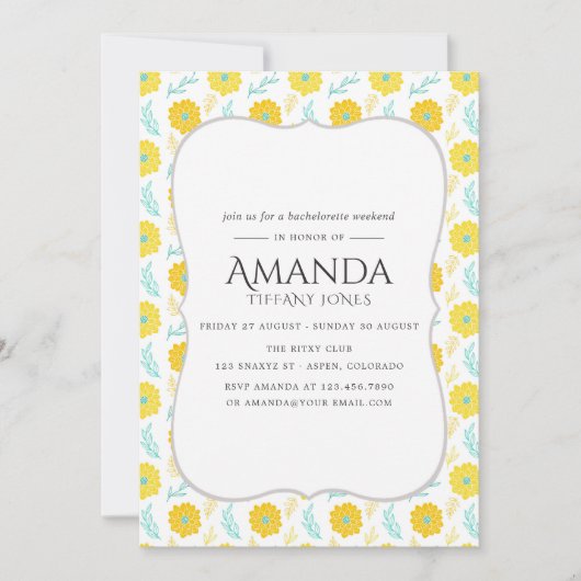 黄色とティール(緑がかった色)のフローラバチェロレッテ週末 招待状 (正面)