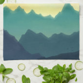 黄色とティール（緑がかった色）の水色の山 キッチンタオル (折り畳み)