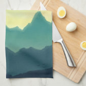 黄色とティール（緑がかった色）の水色の山 キッチンタオル (四つ折り)