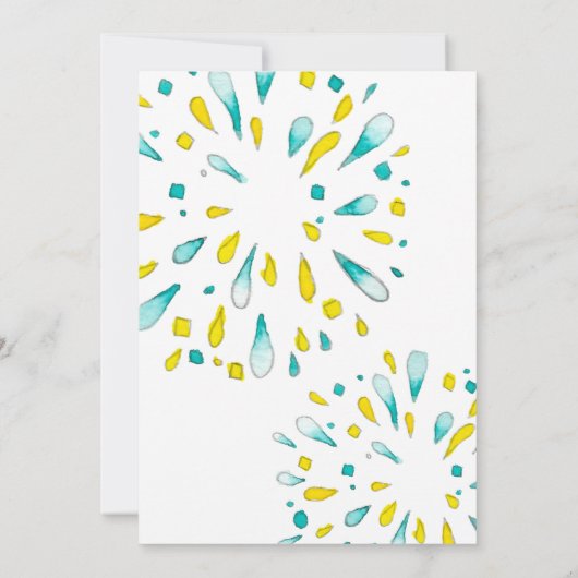 黄色とティール(緑がかった色)の爆竹、花火誕生日 招待状 (裏面)