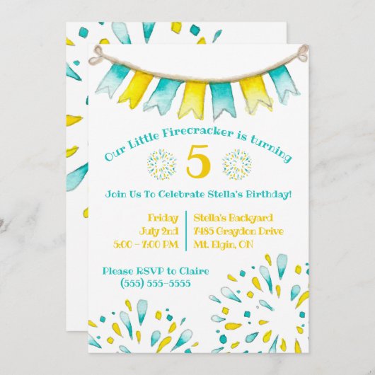 黄色とティール(緑がかった色)の爆竹、花火誕生日 招待状 (正面/裏面)